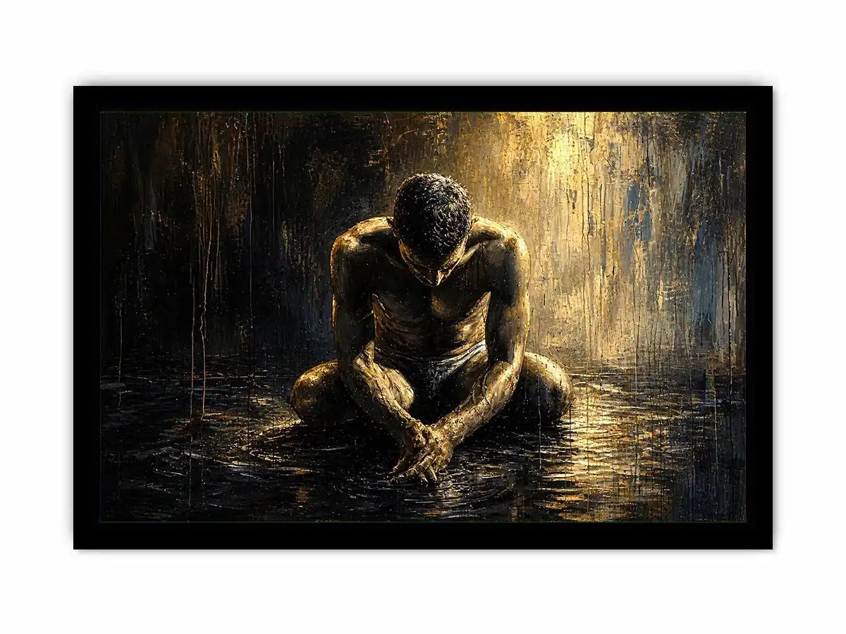 Kneeling figure in a reflective, wet world