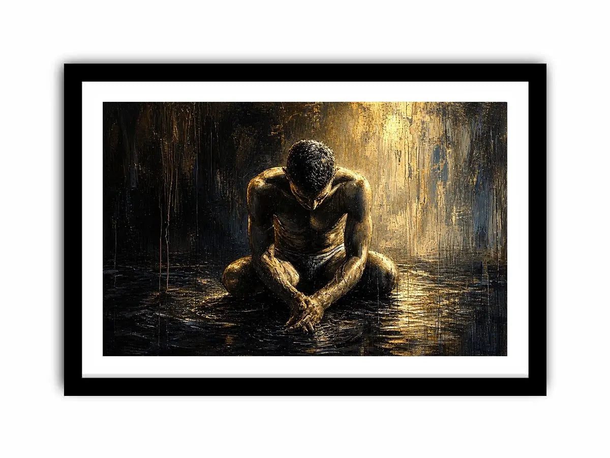 Kneeling figure in a reflective, wet world