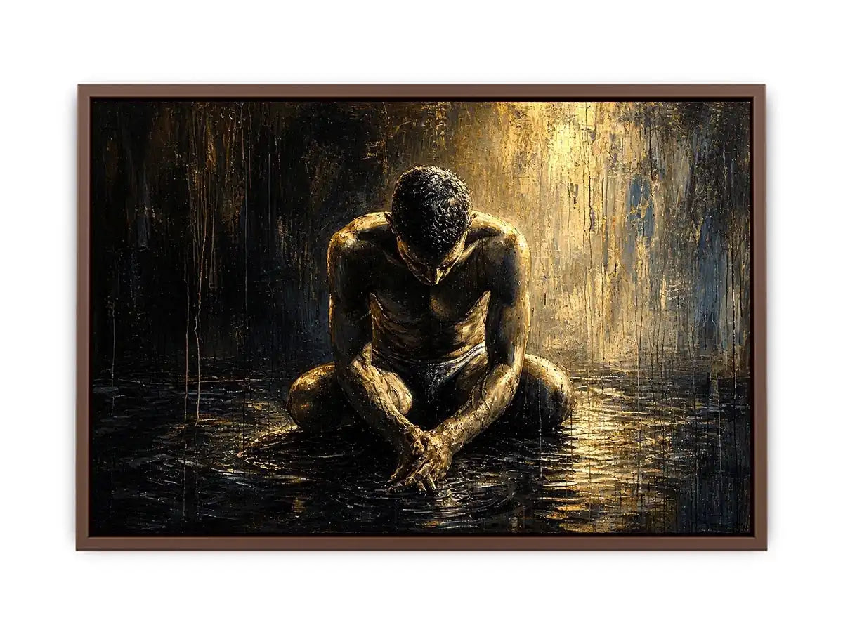 Kneeling figure in a reflective, wet world