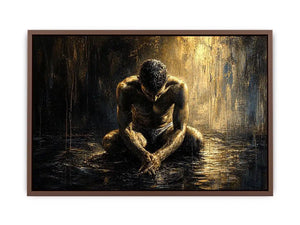 Kneeling figure in a reflective, wet world