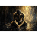 Kneeling figure in a reflective, wet world