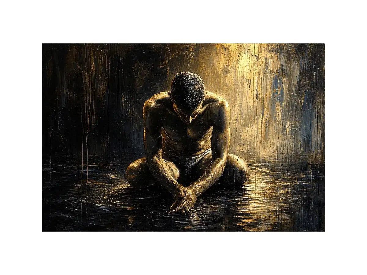 Kneeling figure in a reflective, wet world