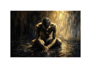 Kneeling figure in a reflective, wet world