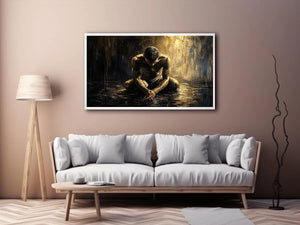Kneeling figure in a reflective, wet world
