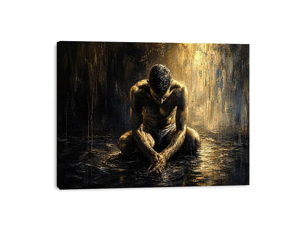 Kneeling figure in a reflective, wet world