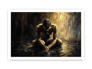 Kneeling figure in a reflective, wet world