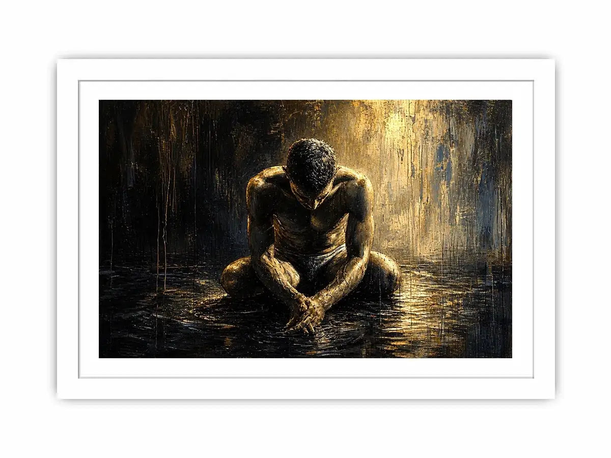Kneeling figure in a reflective, wet world