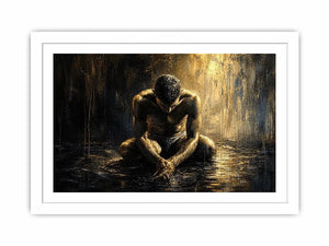 Kneeling figure in a reflective, wet world
