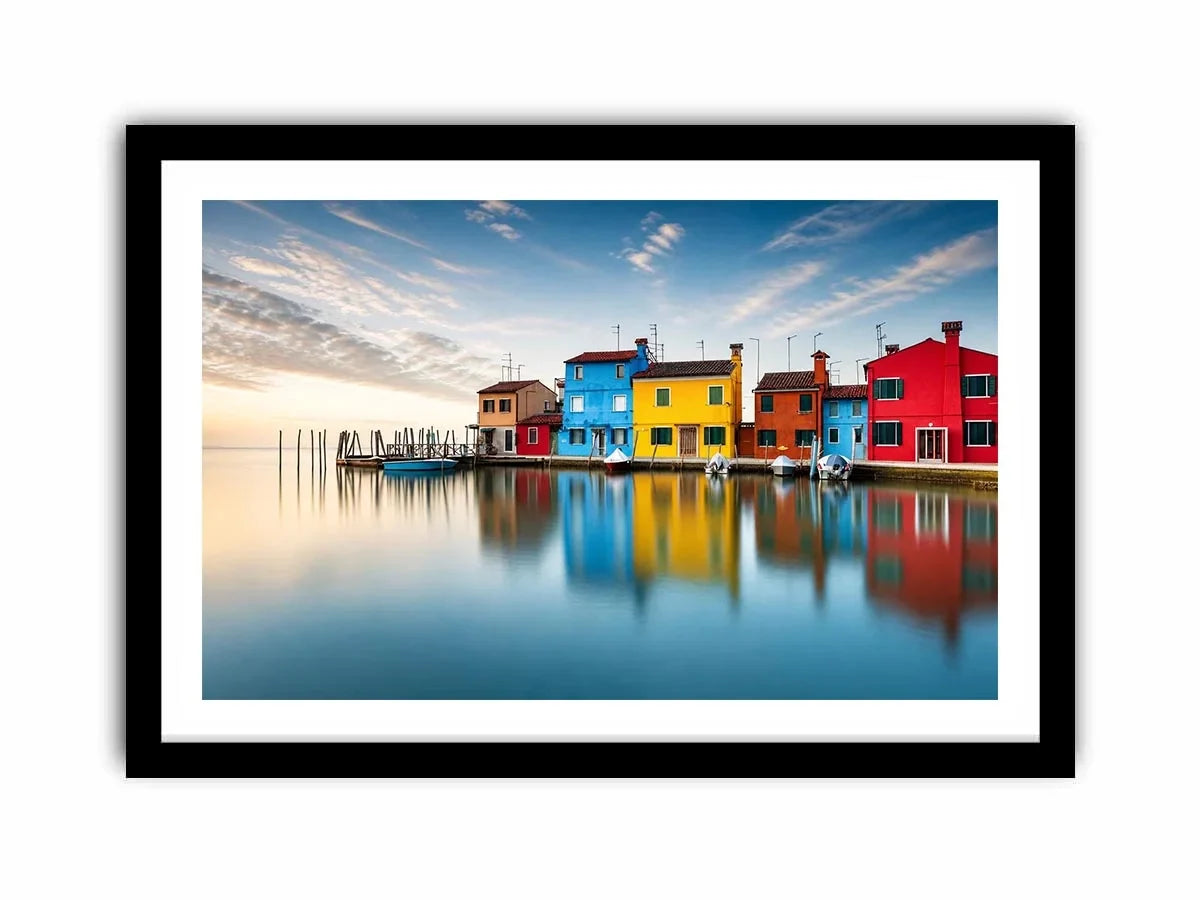 Serene waterfront at dawn with reflections