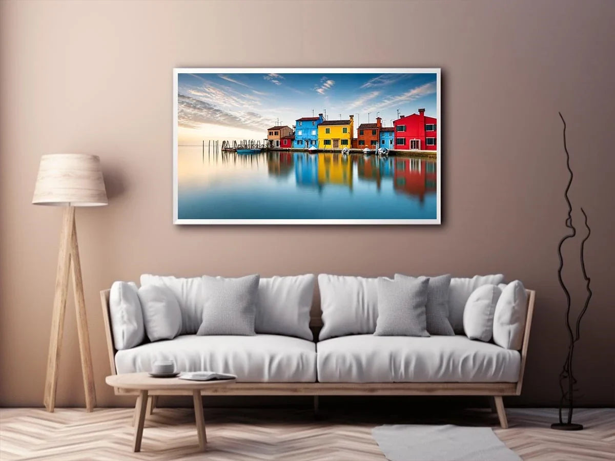 Serene waterfront at dawn with reflections