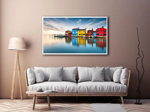 Serene waterfront at dawn with reflections