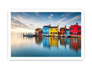Serene waterfront at dawn with reflections