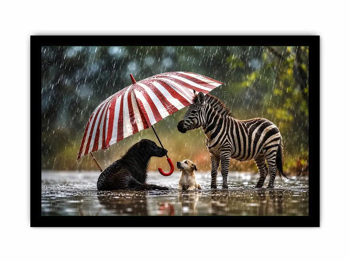 Animals under the striped umbrella
