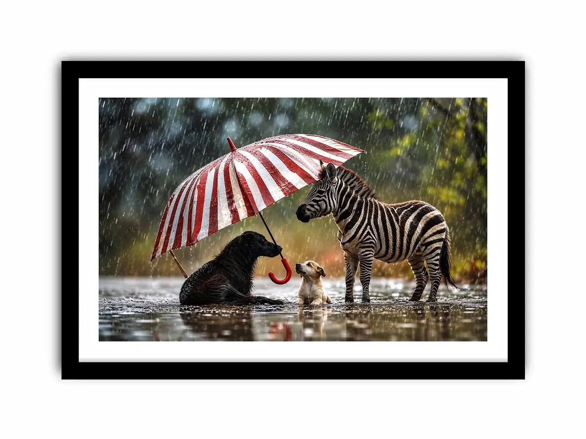 Animals under the striped umbrella