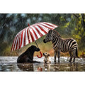 Animals under the striped umbrella