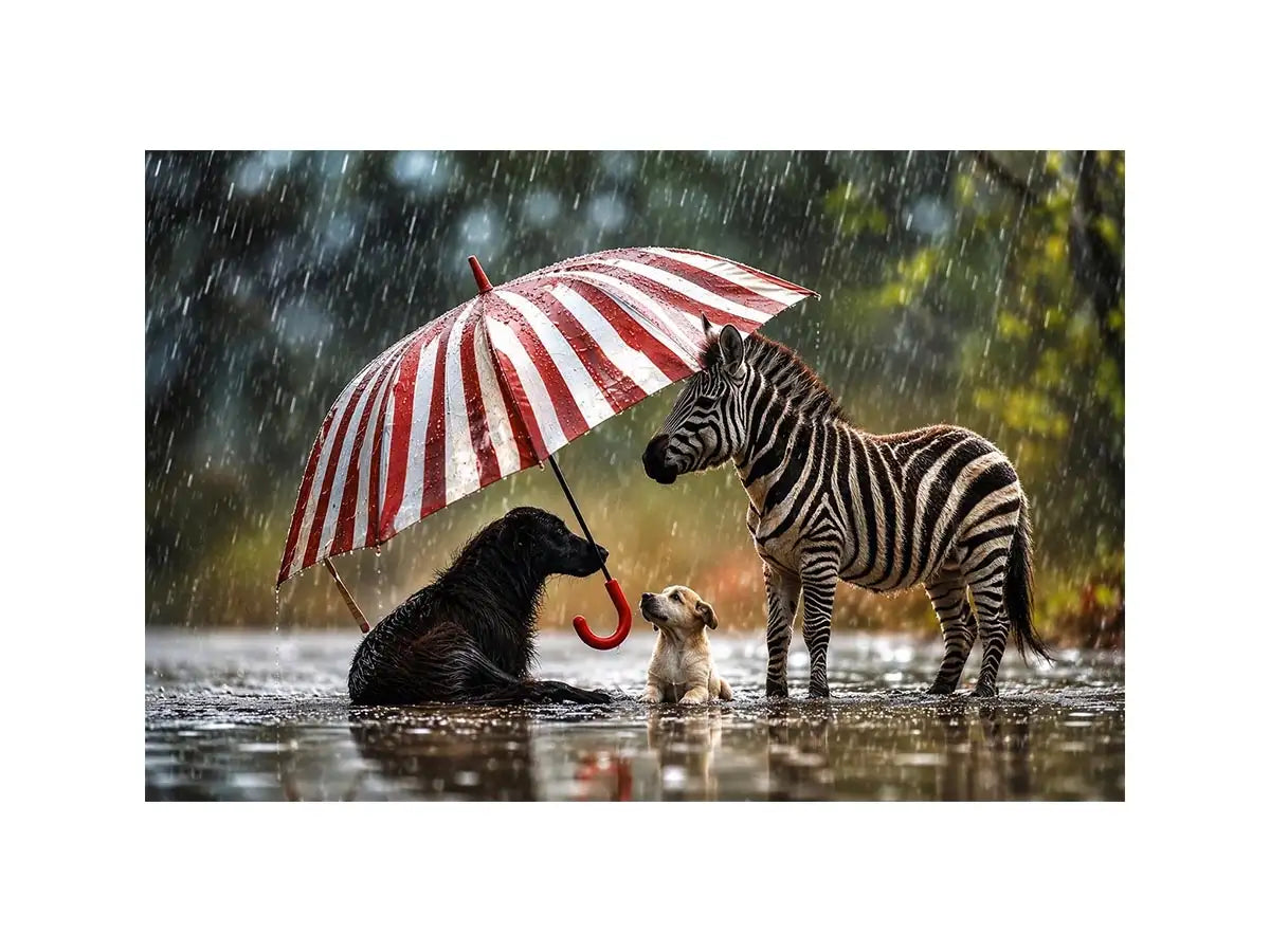 Animals under the striped umbrella