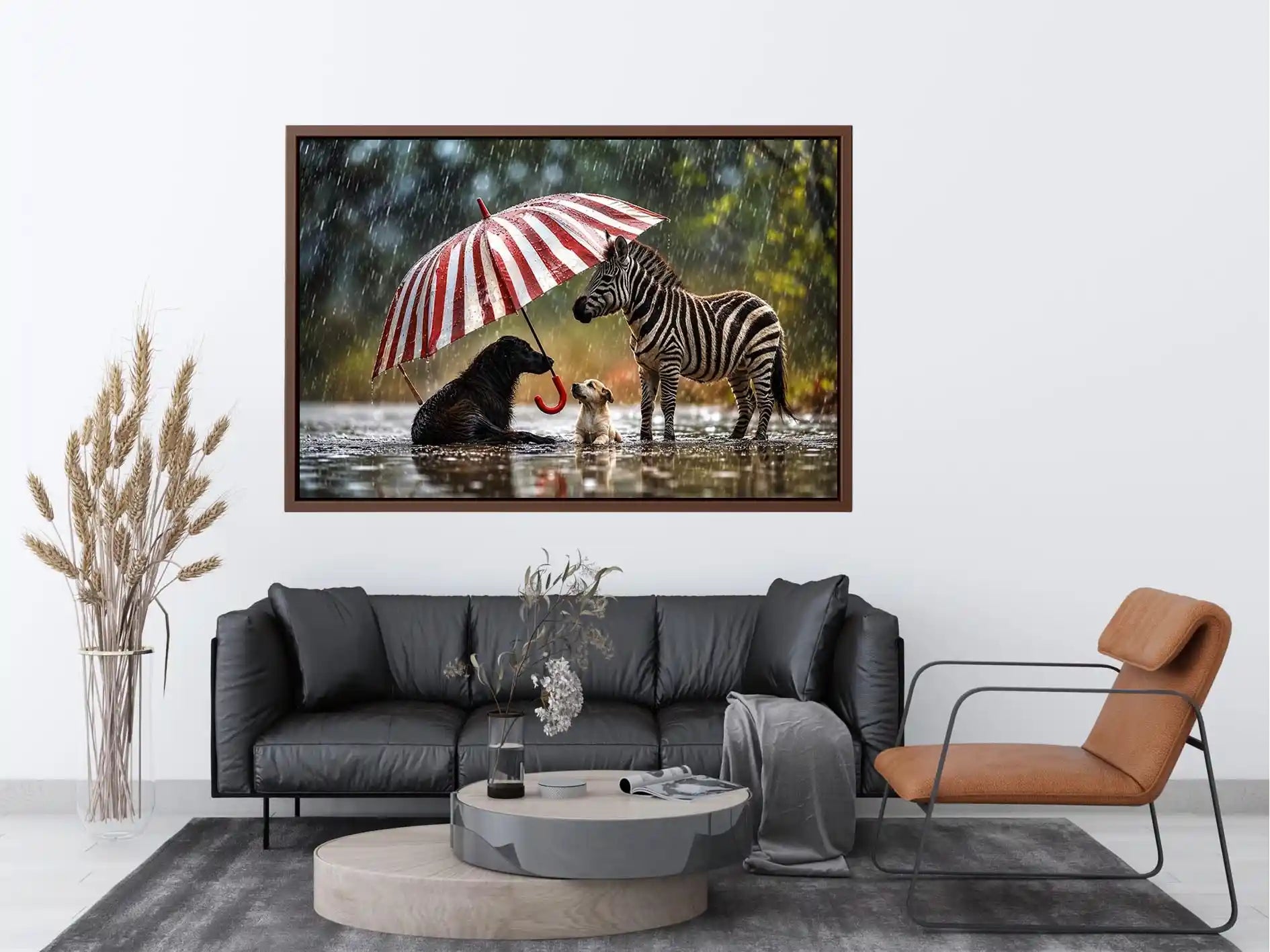 Animals under the striped umbrella