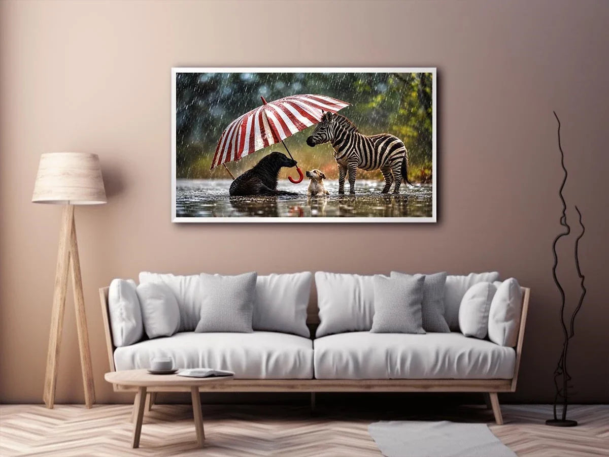 Animals under the striped umbrella
