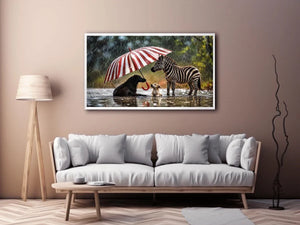 Animals under the striped umbrella