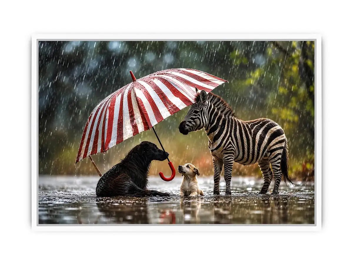 Animals under the striped umbrella