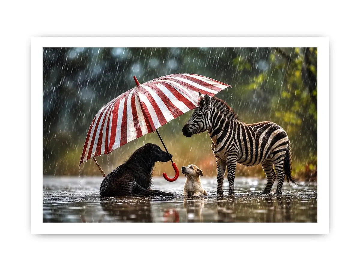 Animals under the striped umbrella