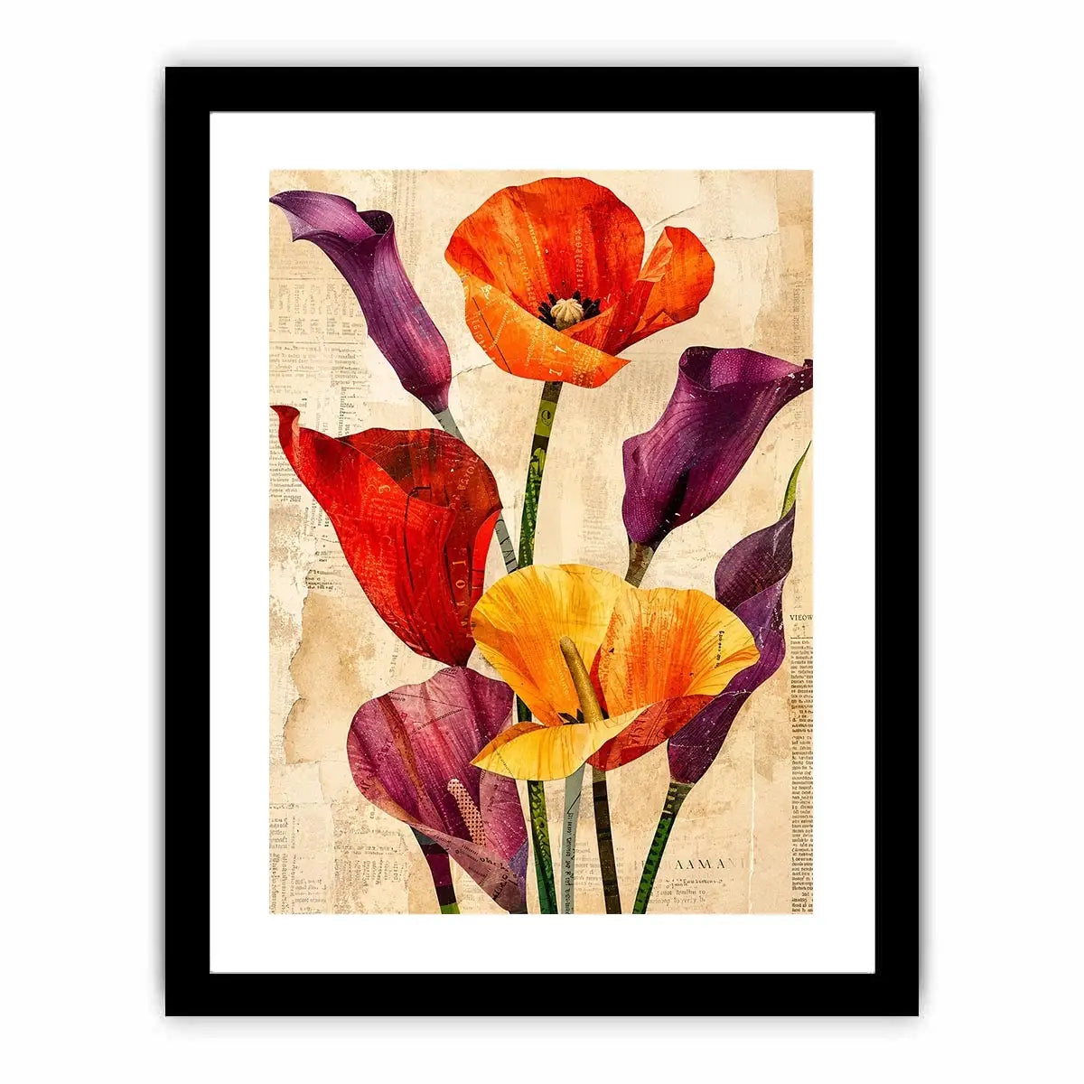 Botanical collage with vibrant poppies and callas