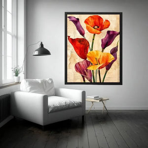 Botanical collage with vibrant poppies and callas