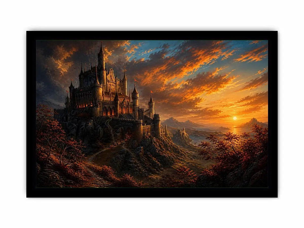 Castle on a rocky sunset hill