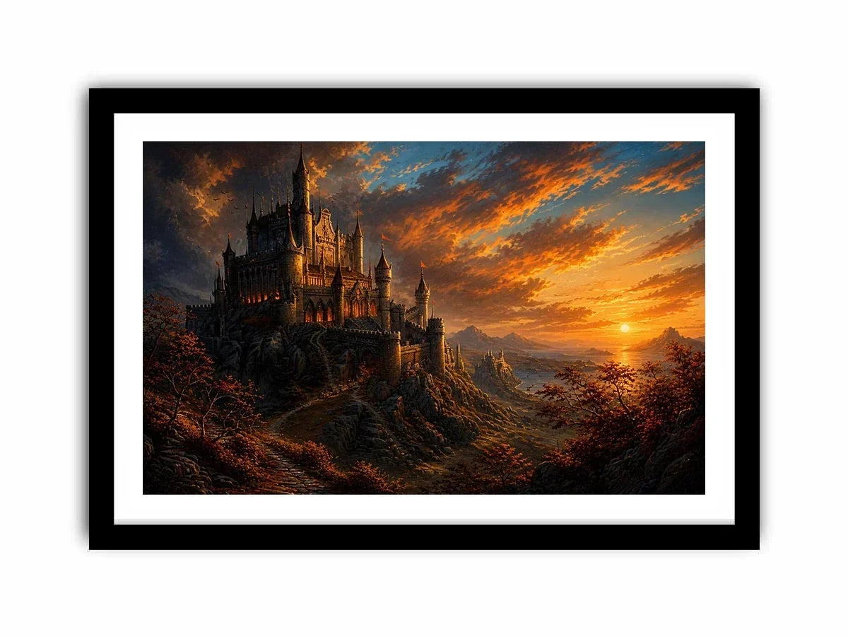 Castle on a rocky sunset hill