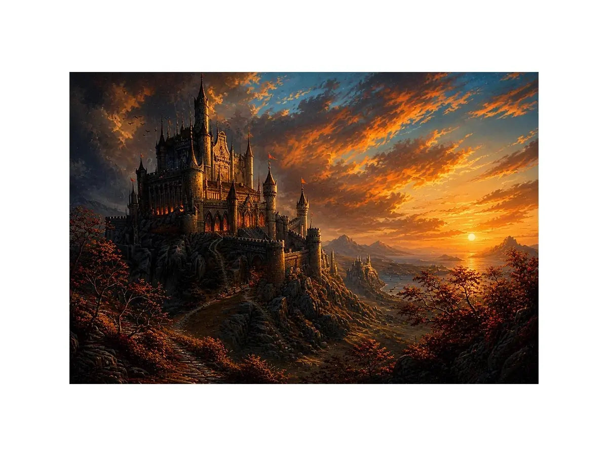 Castle on a rocky sunset hill
