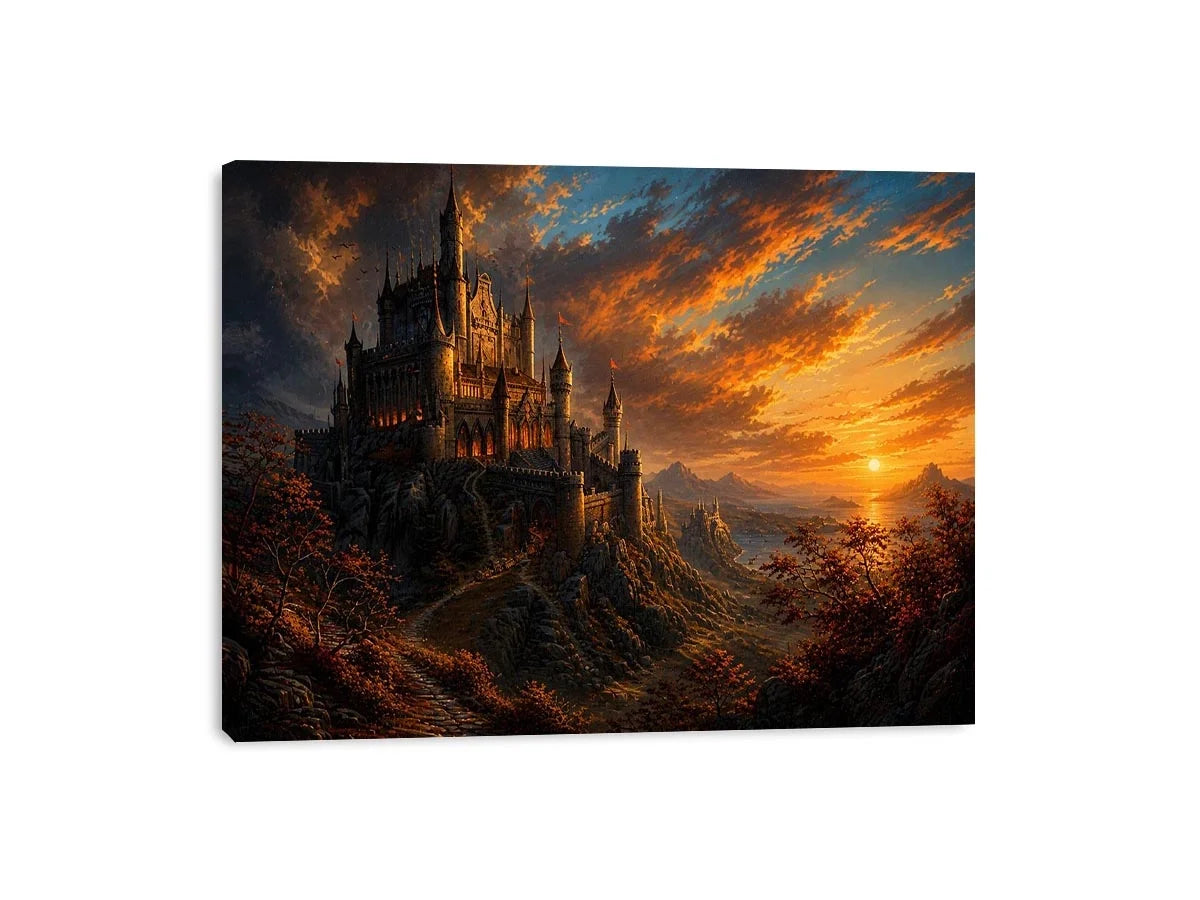 Castle on a rocky sunset hill