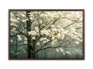 Misty dogwood blooms in foggy forest