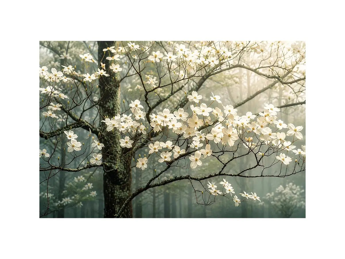 Misty dogwood blooms in foggy forest