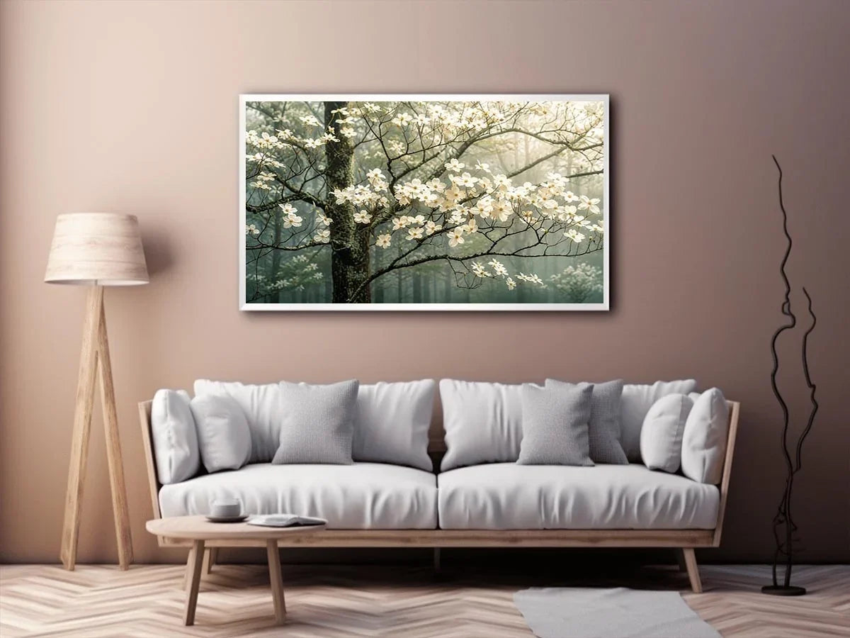 Misty dogwood blooms in foggy forest