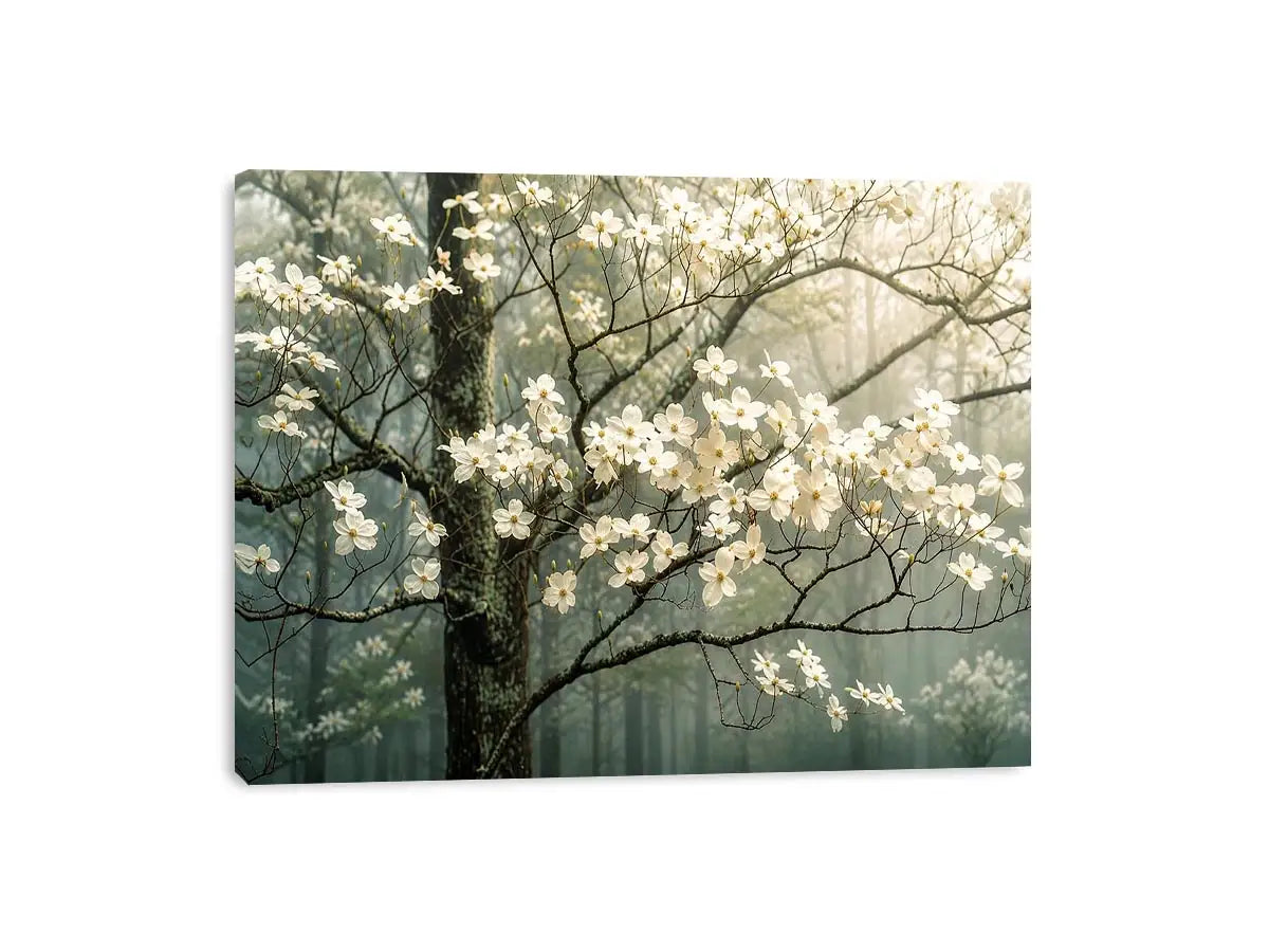 Misty dogwood blooms in foggy forest