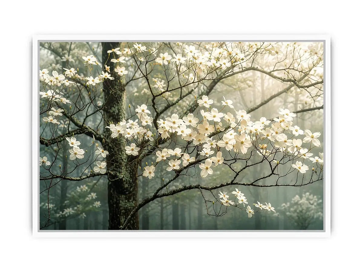 Misty dogwood blooms in foggy forest
