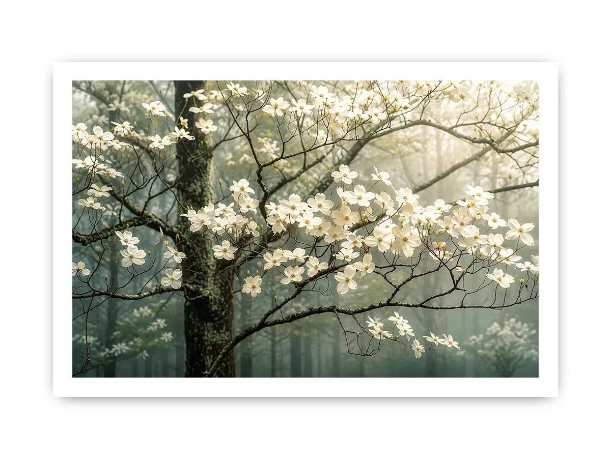 Misty dogwood blooms in foggy forest
