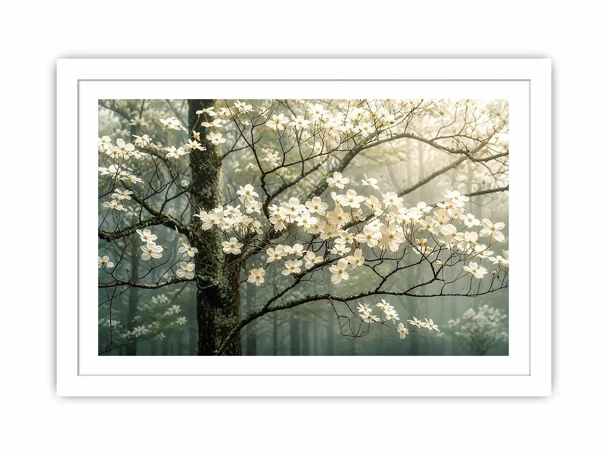 Misty dogwood blooms in foggy forest