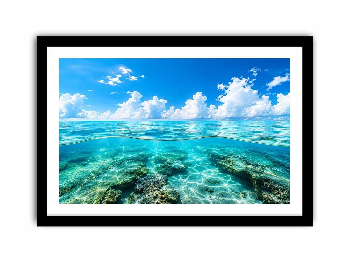Tropical split-view seascape and reef