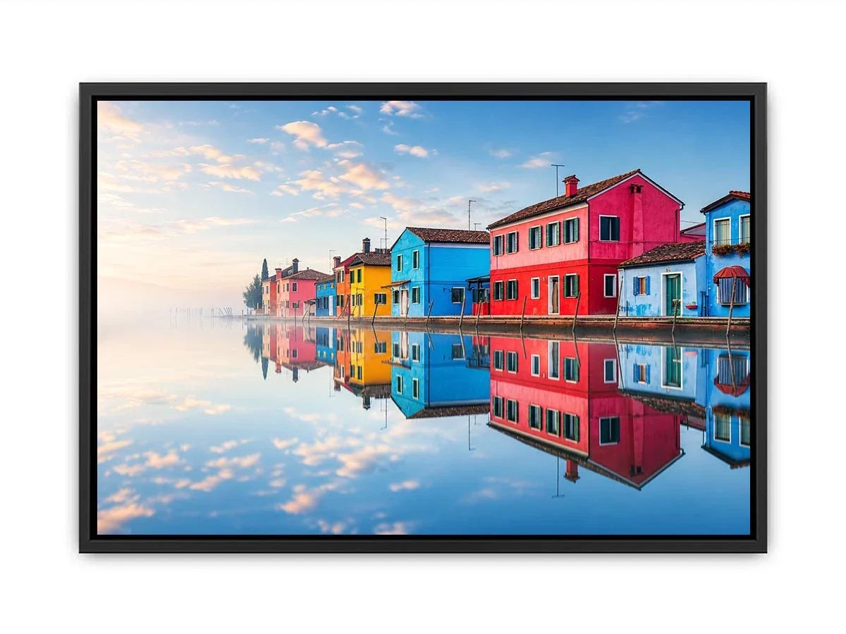 Serene waterfront village at sunrise