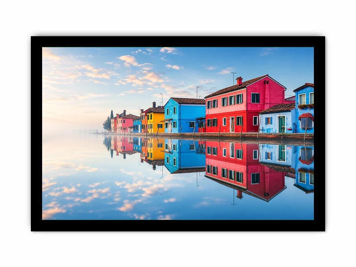 Serene waterfront village at sunrise