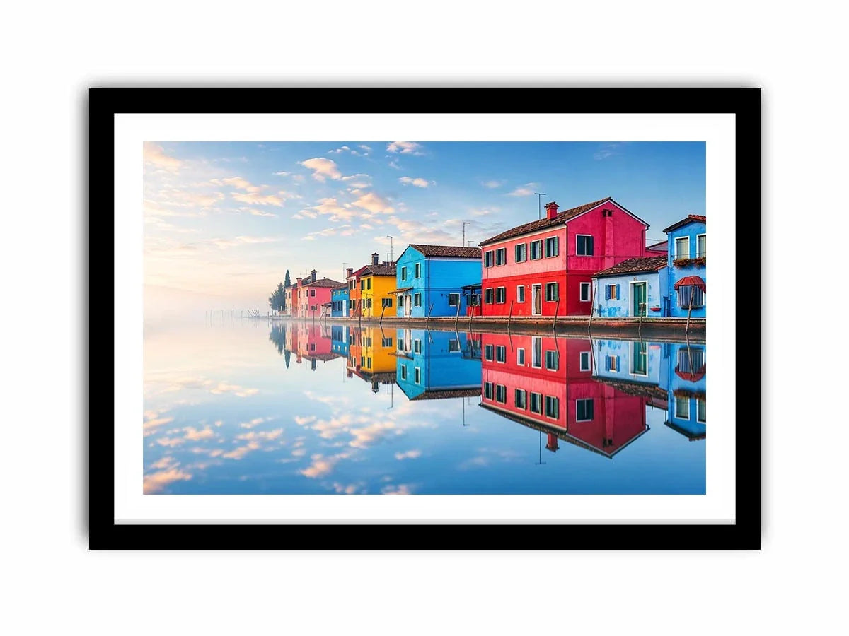 Serene waterfront village at sunrise