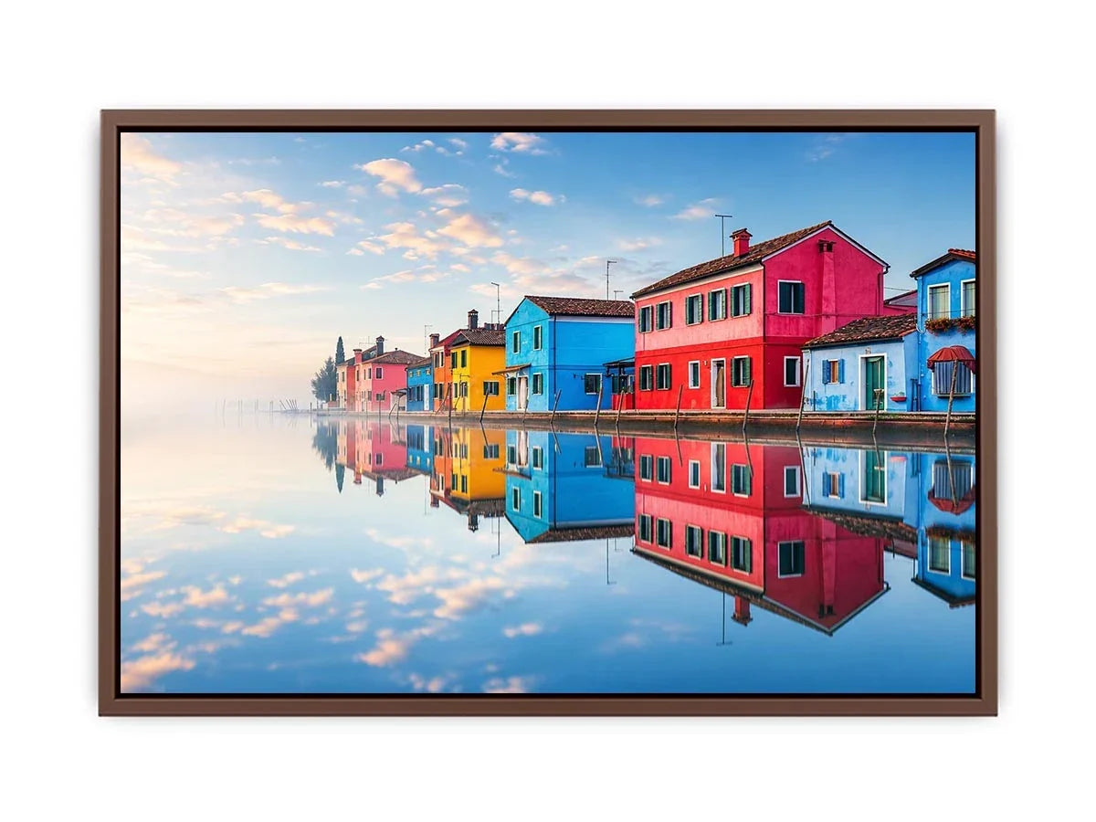 Serene waterfront village at sunrise
