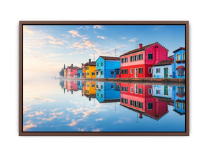 Serene waterfront village at sunrise