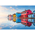 Serene waterfront village at sunrise