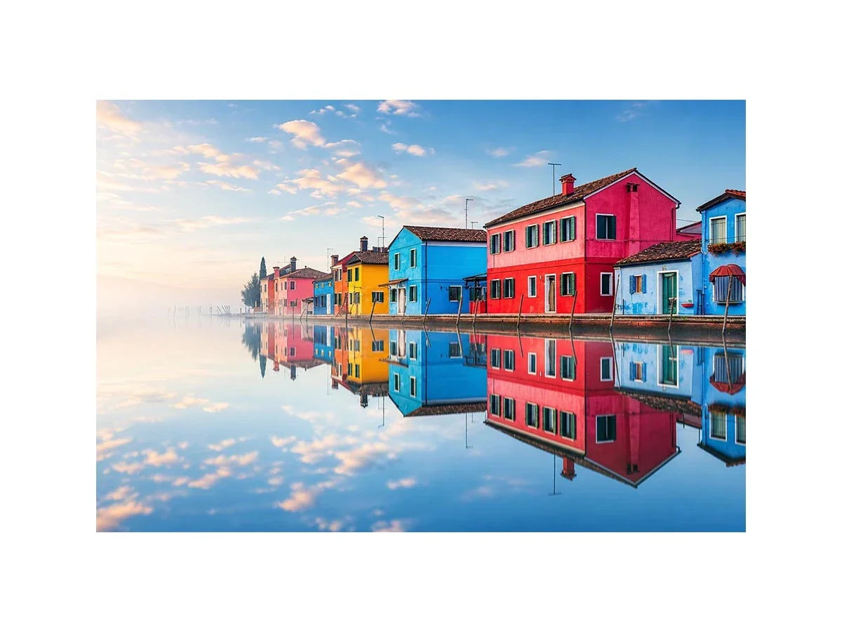Serene waterfront village at sunrise