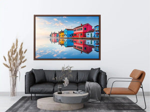 Serene waterfront village at sunrise