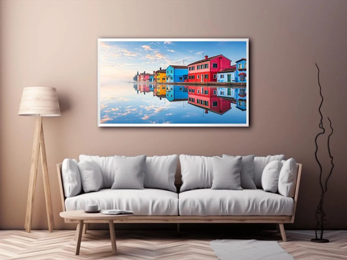 Serene waterfront village at sunrise