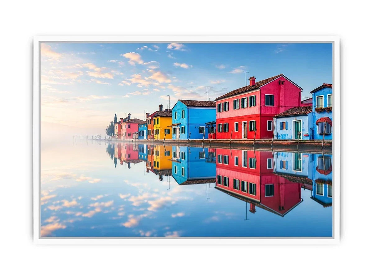 Serene waterfront village at sunrise