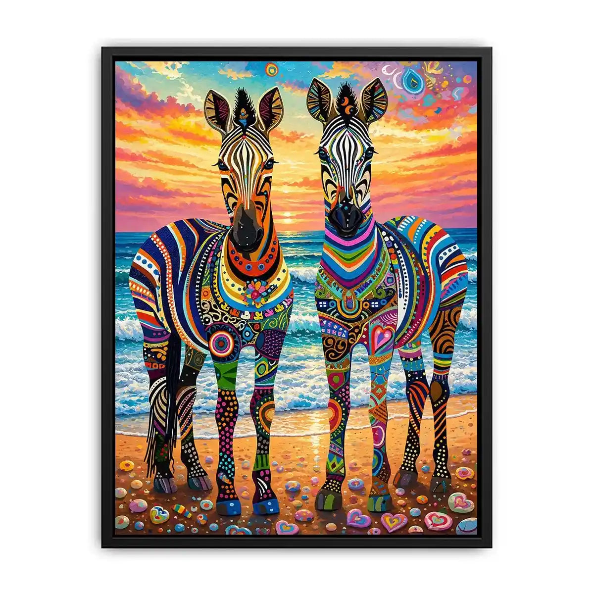 Vibrant zebras by the seaside